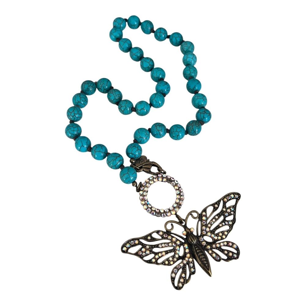 New Kirks Folly Butterfly Necklace Antique Brass Tone AB Crystals - 11Z